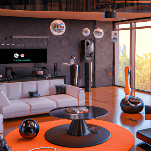 סלון מודרני הכולל מכשירי בית חכם ועיצוב עתידני