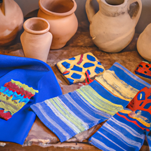 תמונה המציגה מגוון מלאכות גליליות בעבודת יד, מחדר ועד בדים ארוגים, המוצגת על שולחן עץ כפרי.