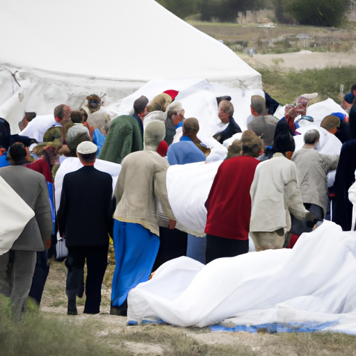 מתנדבים מחלקים אוהלים לקבוצת אבלים באזור מוכה סכסוכים, ומציגים את המאמצים ההומניטריים שמתנהלים.