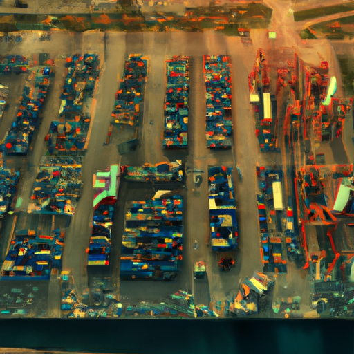 מבט אווירי של נמל אשדוד מלא בכלי רכב מוכנים למכירה.